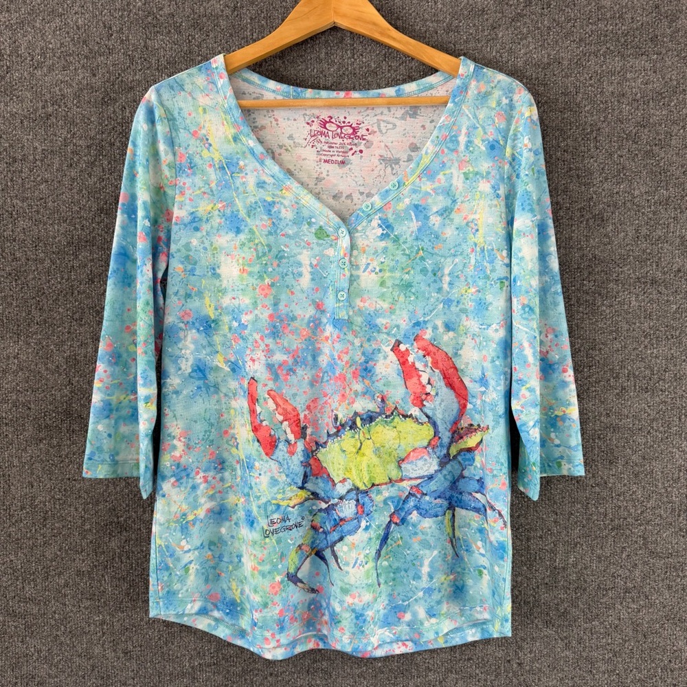 LEOMA LOVEGROVE Womens Crab Henley Size Medium 3/4 Sleeve Blue Summer Beach